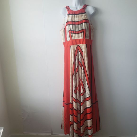 Eliza J Scarf Print Crepe De Chine Fit & Flare Maxi Dress In Multi size 12 - Picture 1 of 7